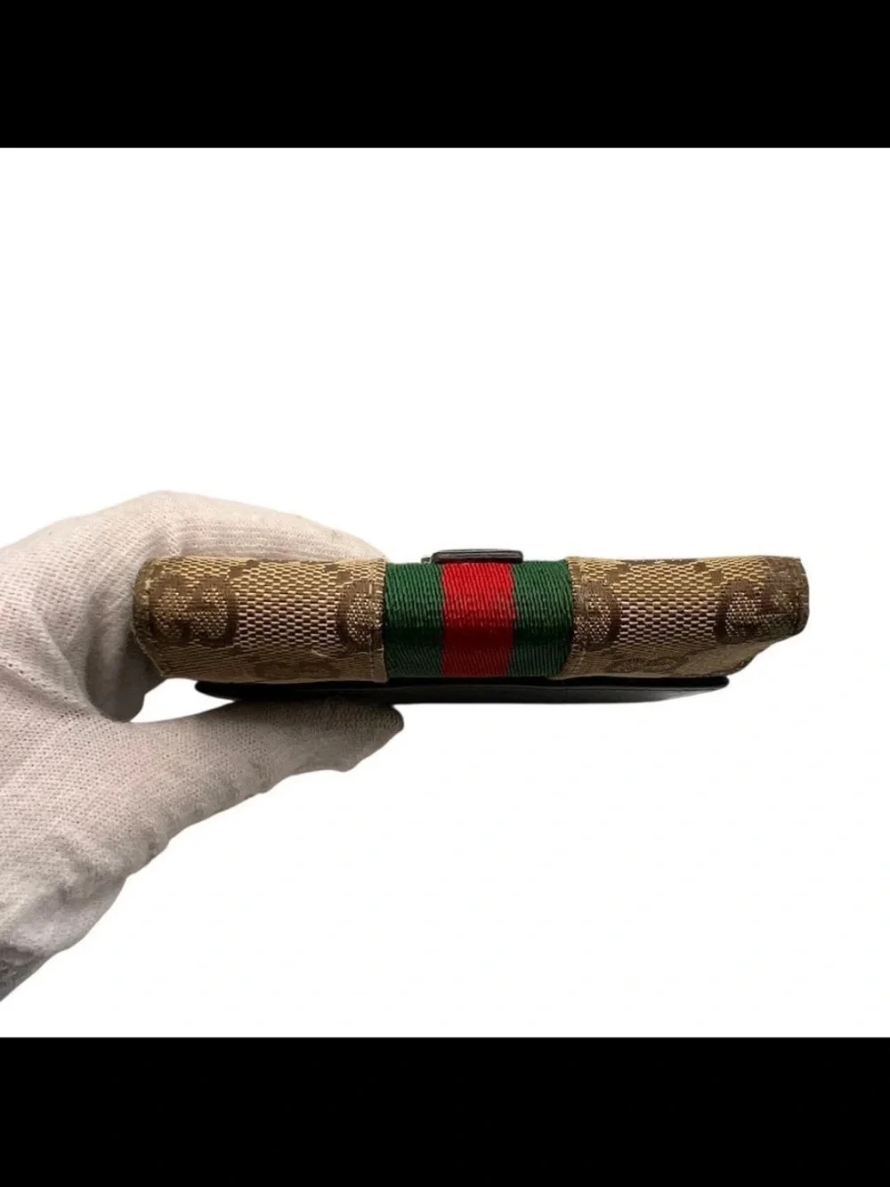 Gucci Brown GG Canvas Card Holder with Green Stripe and Black Trim